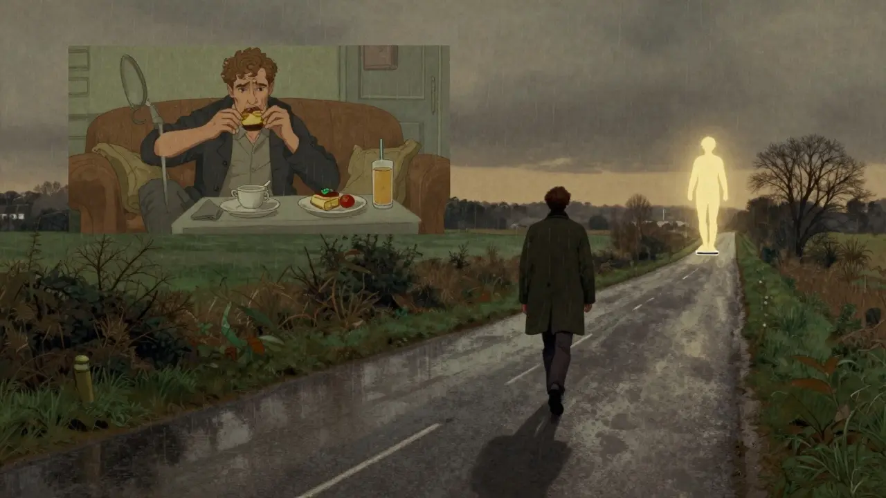 A man walking steadily at dawn, with visions of past struggles and future habits behind and ahead of him.