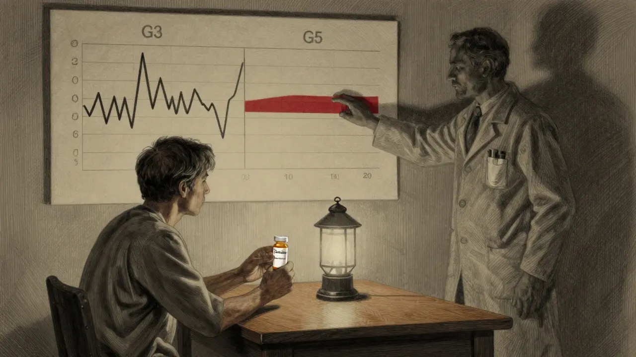 A patient examines a tacrolimus bottle while a pharmacist points to fluctuating blood level charts, in Howard Pyle style.