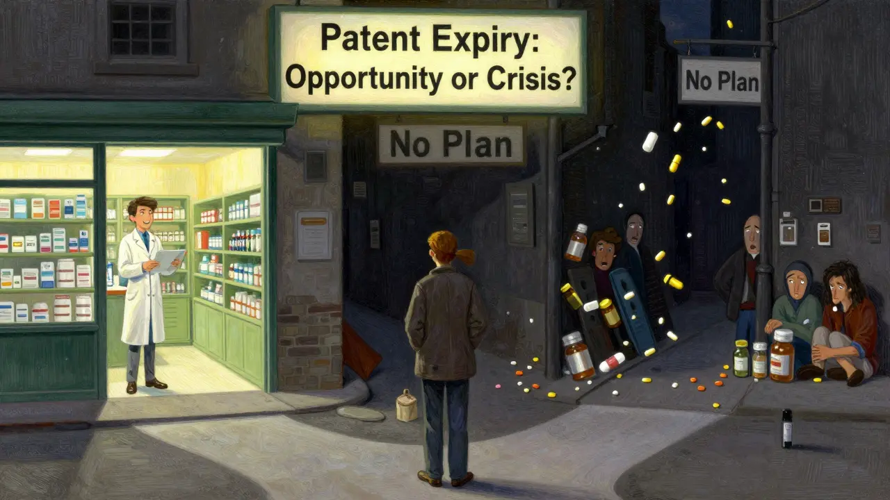 A patient faces two paths—one leading to affordable medicine, the other to chaos—symbolizing preparedness versus neglect after patent expiry.