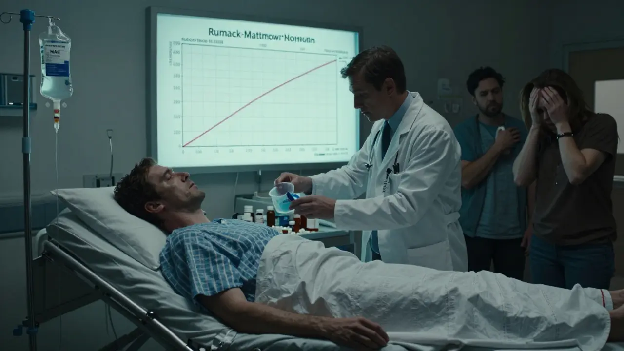 A patient receiving antidote in an ER while a doctor checks a nomogram chart, surrounded by pill bottles.