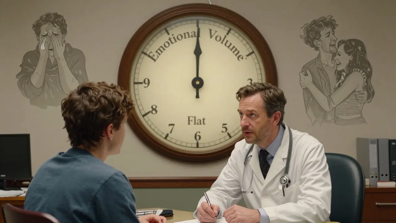 A patient speaks to a doctor while an emotional volume dial turns down, fading joy and connection.