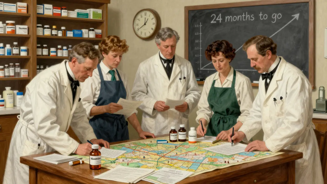 A pharmacy team studies patent documents and pill bottles around a wooden table, preparing for drug patent expiry two years in advance.
