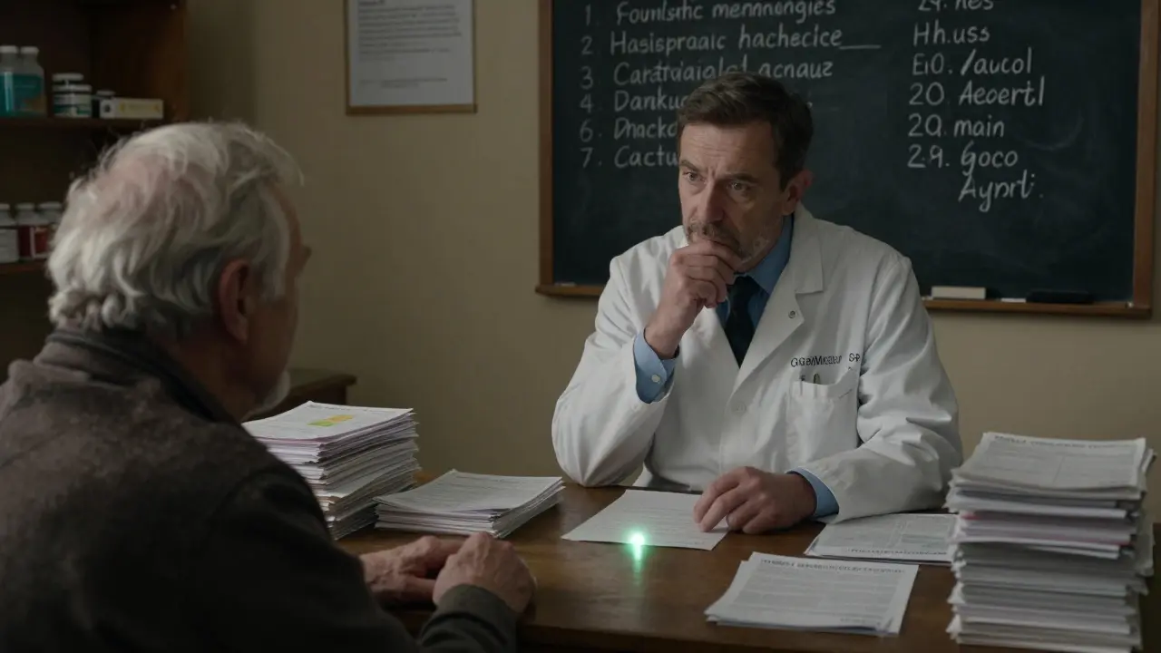 A Polish pharmacist examines a foreign ePrescription with uncertainty, surrounded by paper records and country-specific drug labels.