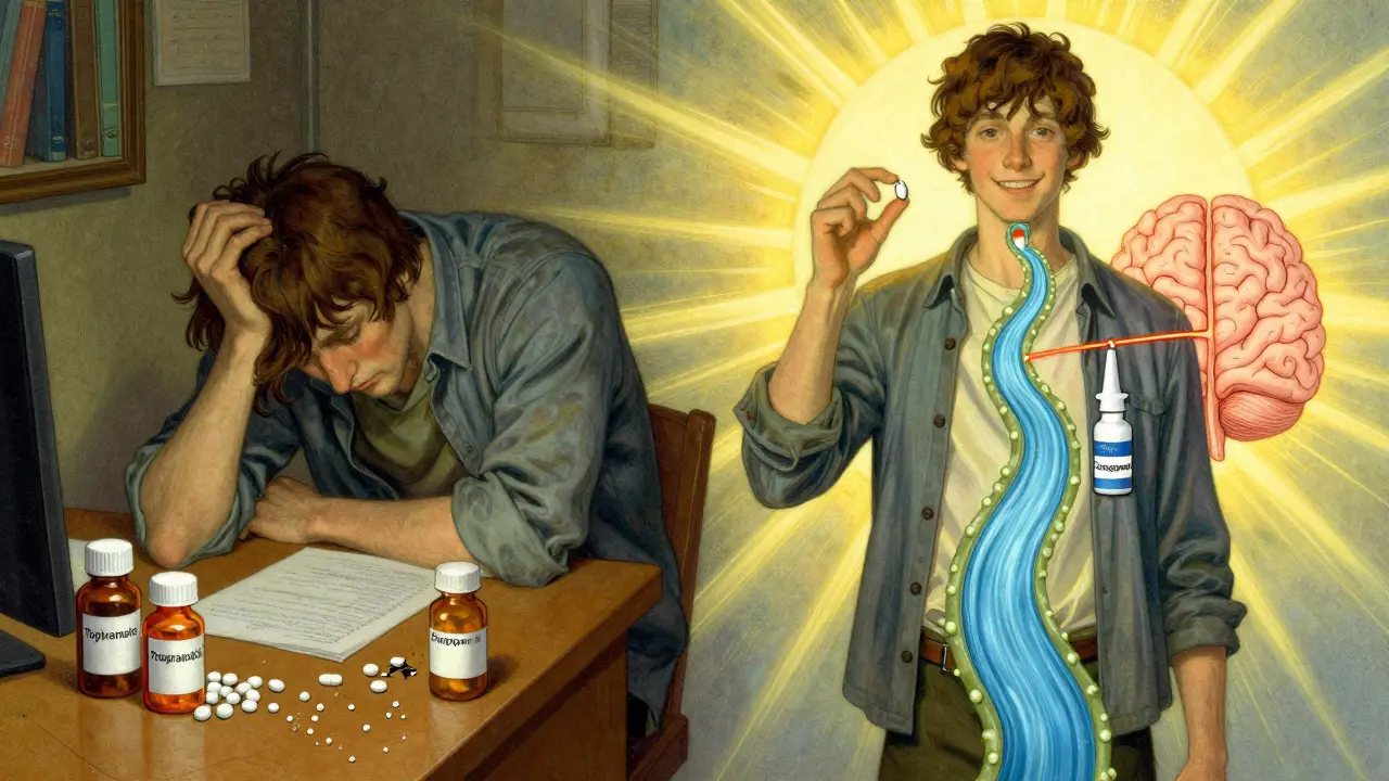 A split scene showing failed migraine medications on one side and new CGRP treatments on the other, with light symbolizing relief.