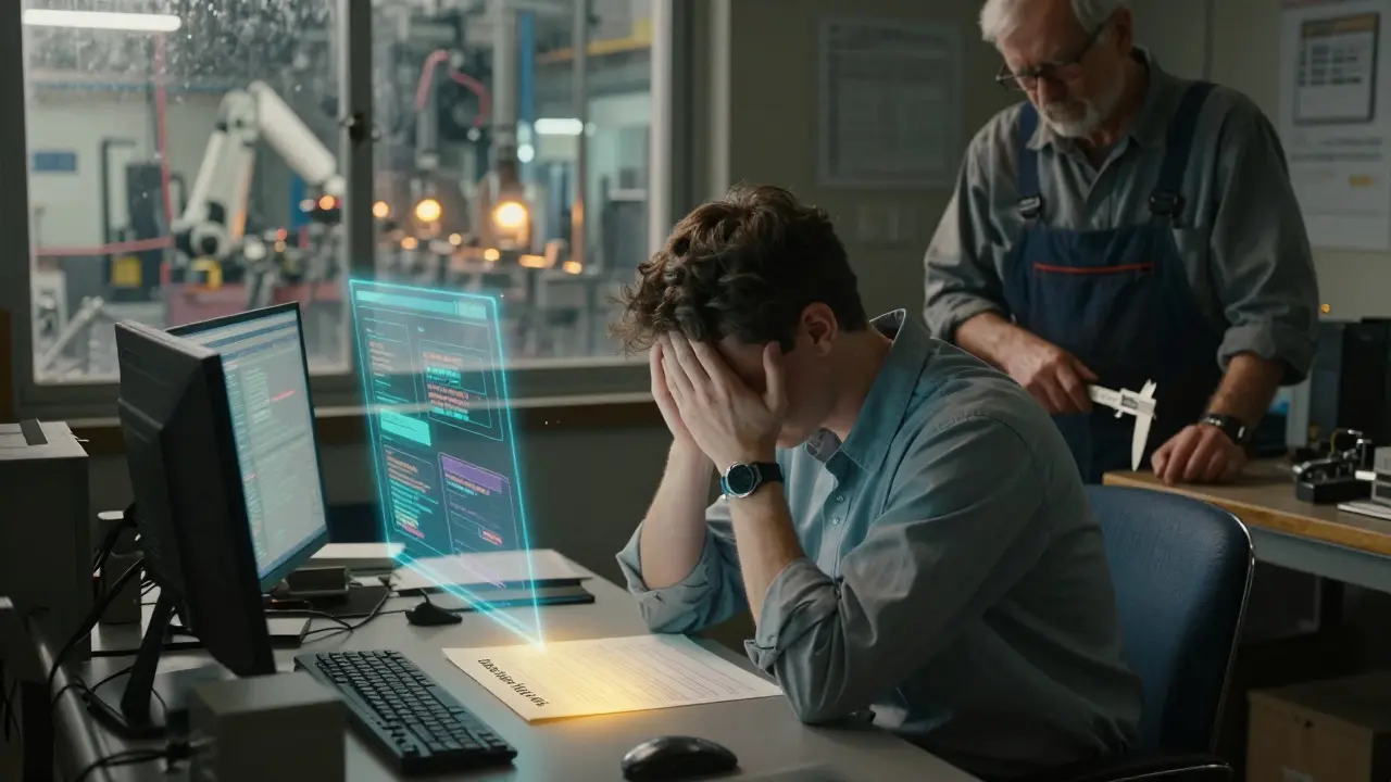 A young engineer sits overwhelmed by floating AI alerts, while an older worker places a caliper on a bench, symbolizing the skills gap.