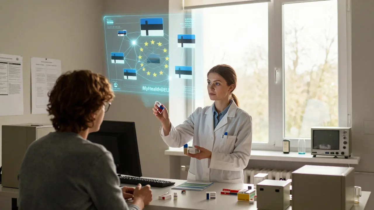 An Estonian pharmacist dispenses medicine as a glowing digital network connects EU nations above her.