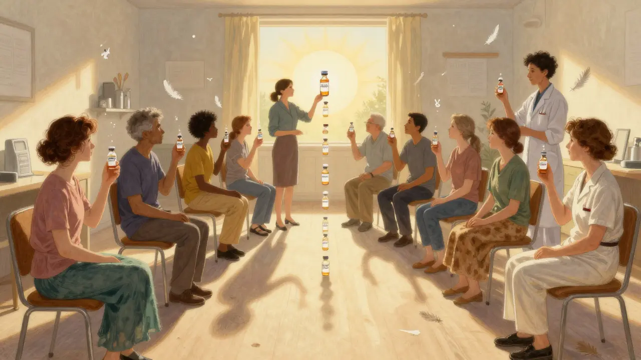 Diverse patients holding CGRP inhibitors in dawn light, their shadows forming a chain of light as migraine symbols turn to feathers.