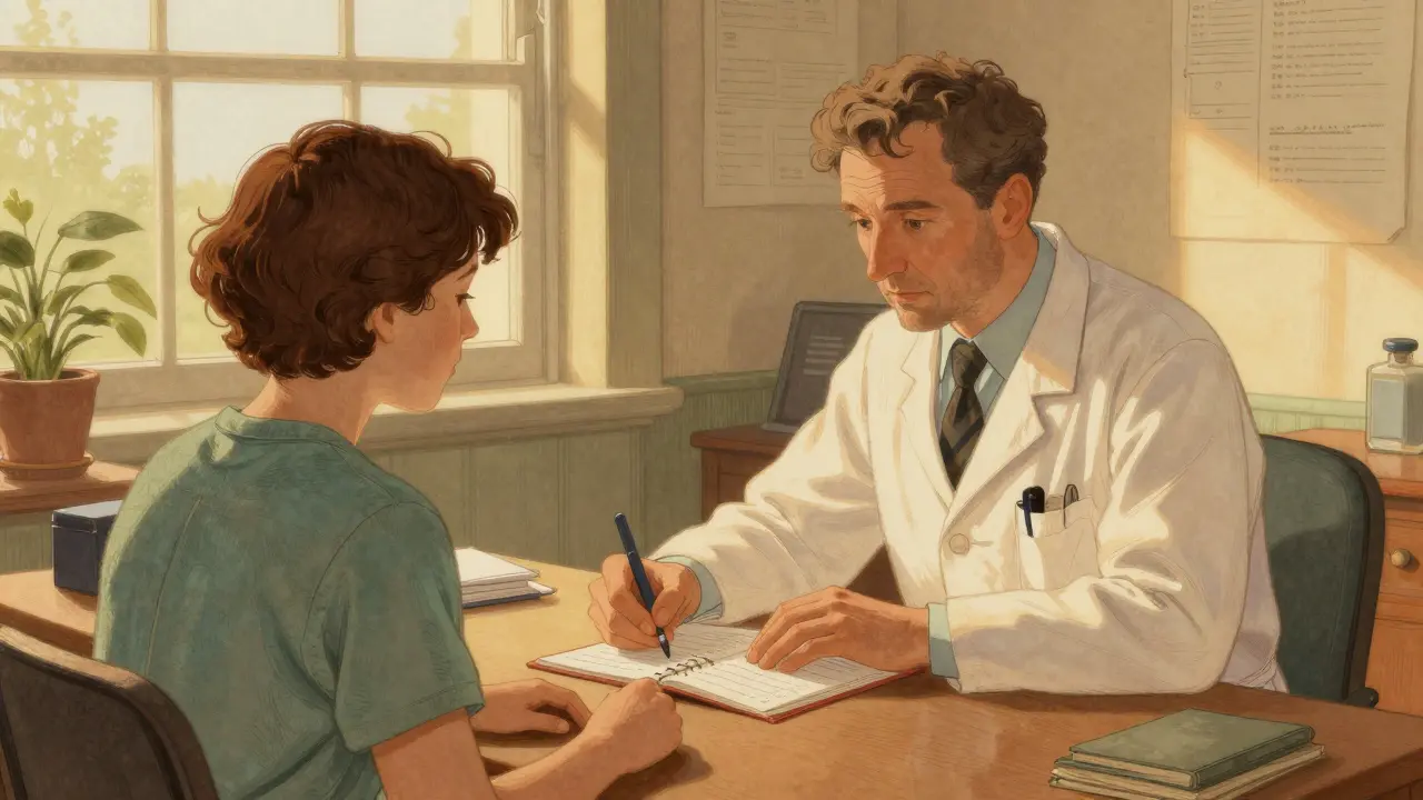Doctor and patient consulting in a warmly lit office setting.