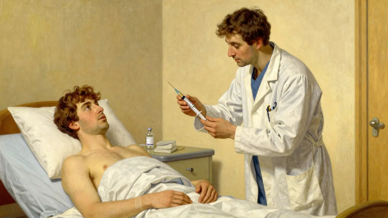 Doctor replacing old medication vial with new syringe in recovery room.