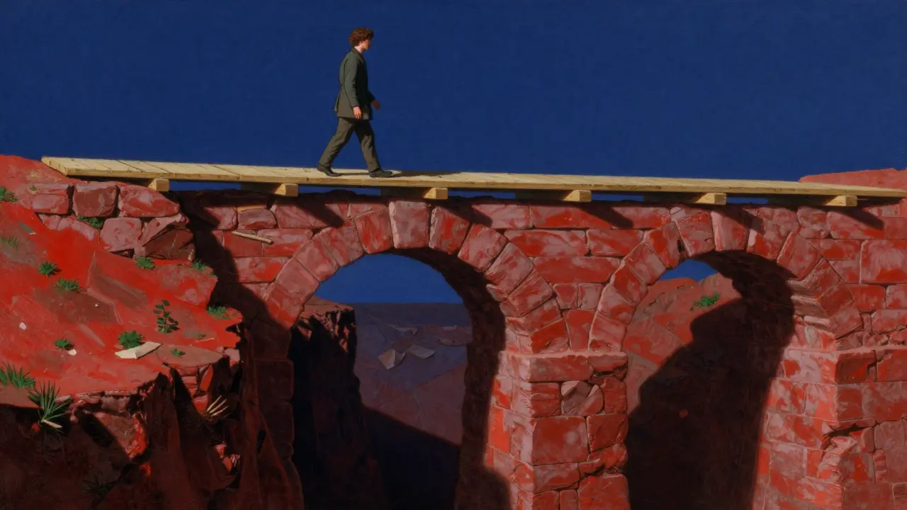 Figure crossing a bridge over a dark chasm representing medical risks.