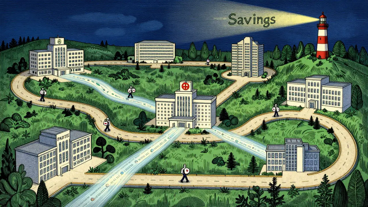 Healthcare system illustration connecting clinics and pharmacies