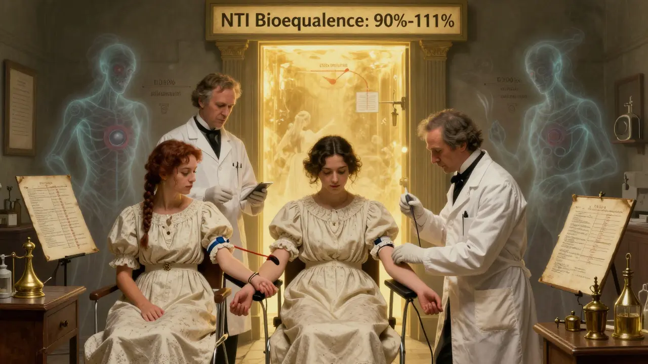 Patients undergo blood tests in a 19th-century lab, with a glowing NTI bioequivalence threshold above them.