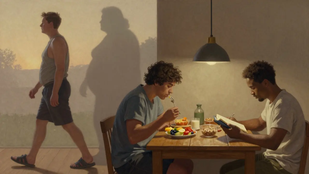 People practicing daily habits like walking, eating breakfast, and journaling to maintain weight loss.