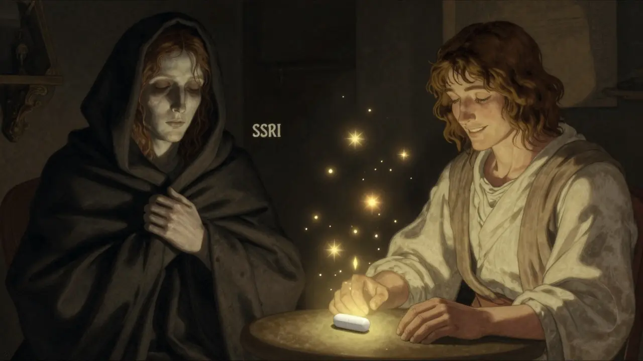 Split image: one side shows numbness from SSRIs, the other reveals emotional return with bupropion.