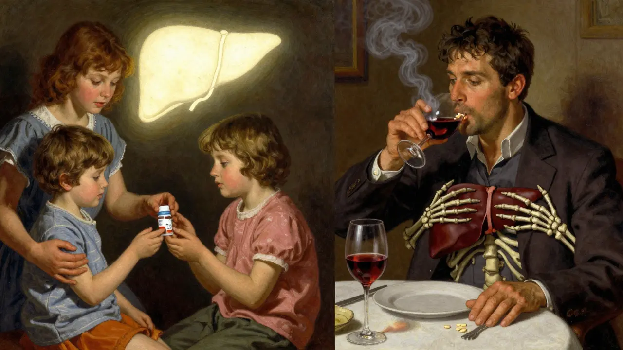 Split scene: safe dosing for a child on one side, dangerous acetaminophen use with alcohol on the other.