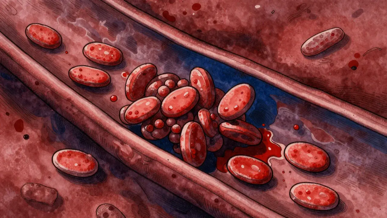 Stylized illustration of antibodies causing platelets to clump together.