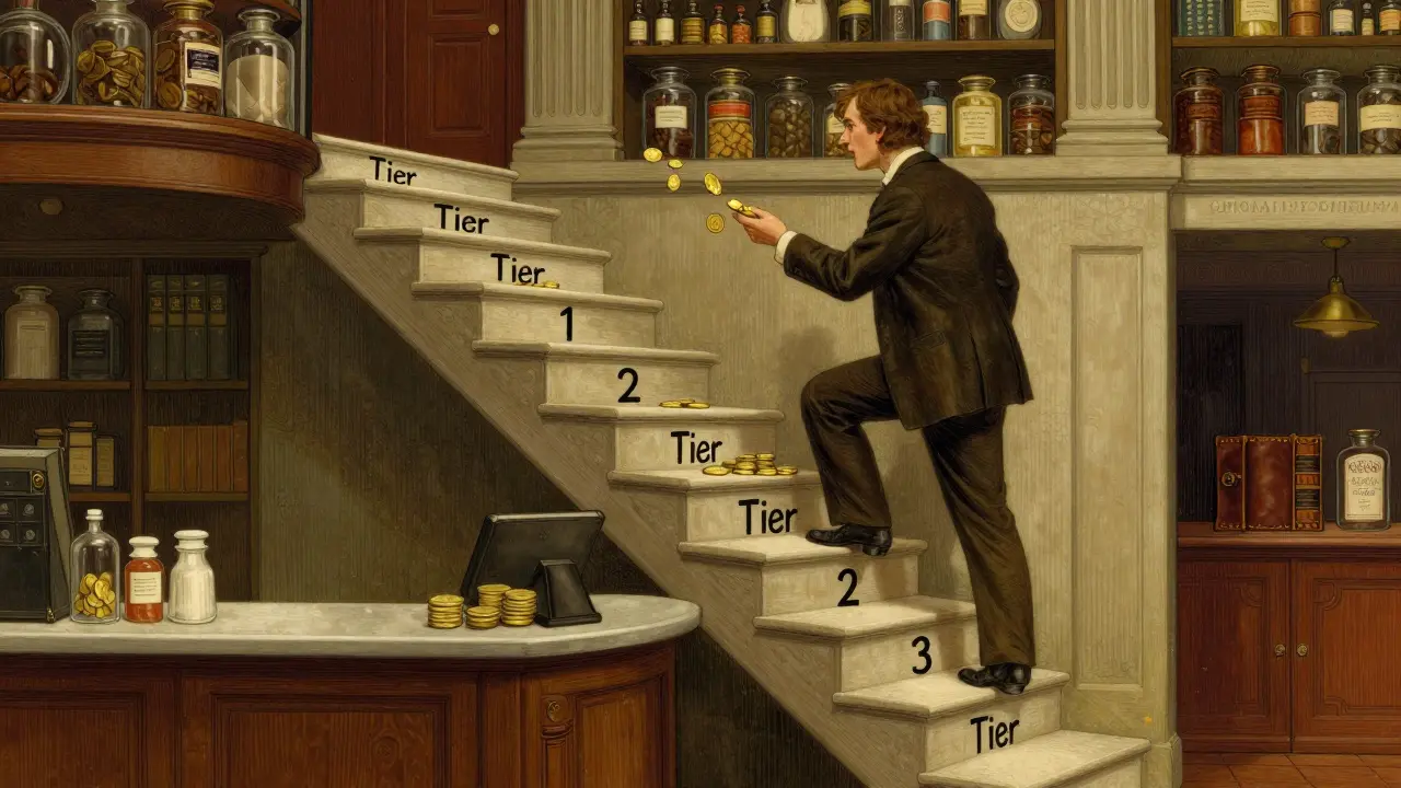 A customer climbing a tiered staircase at a pharmacy counter to represent different drug cost levels.