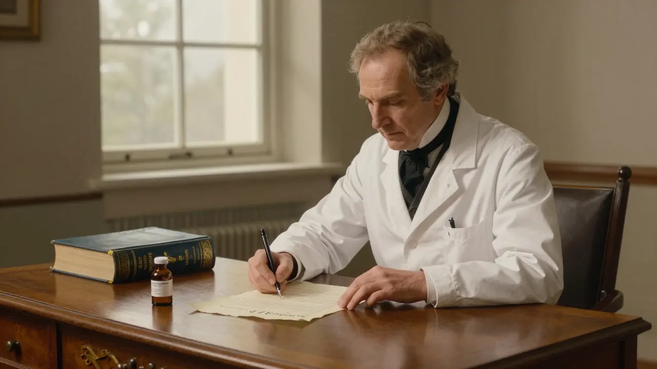 A doctor in a white coat writing a legal medical prescription at a desk