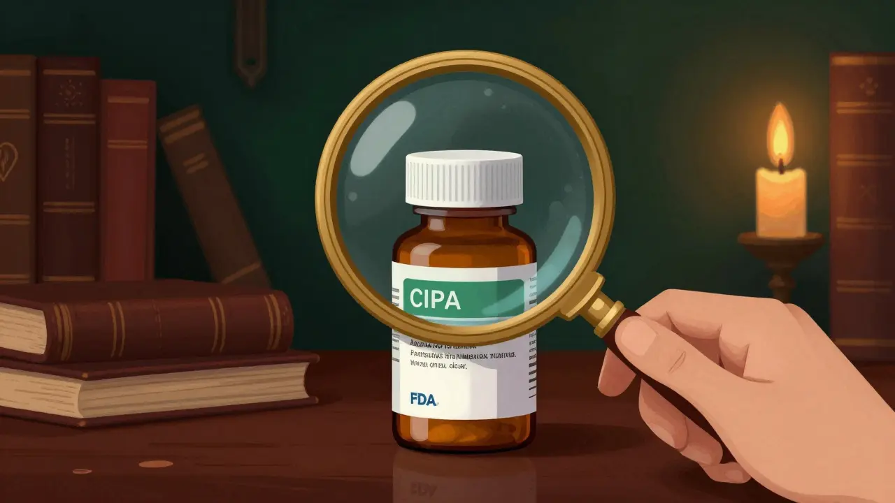 A magnifying glass inspecting a medicine bottle to ensure it is a safe, certified generic.