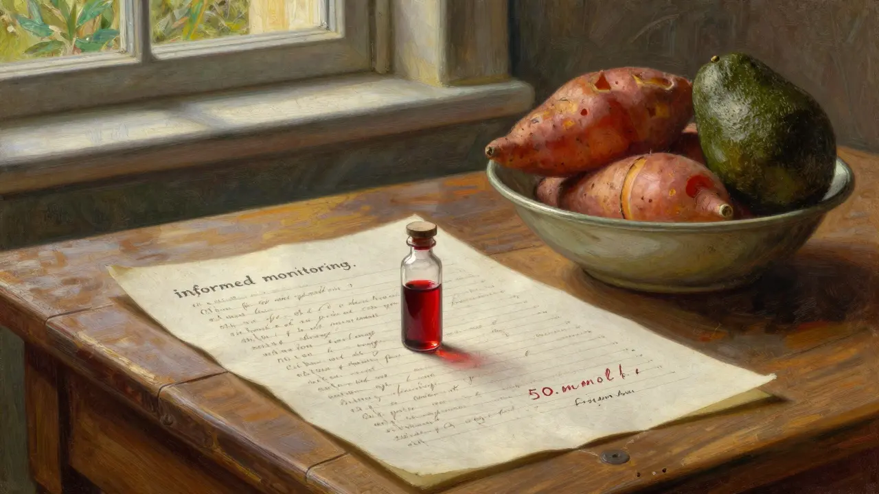 A medical blood vial and a bowl of potassium-rich vegetables on a wooden table.