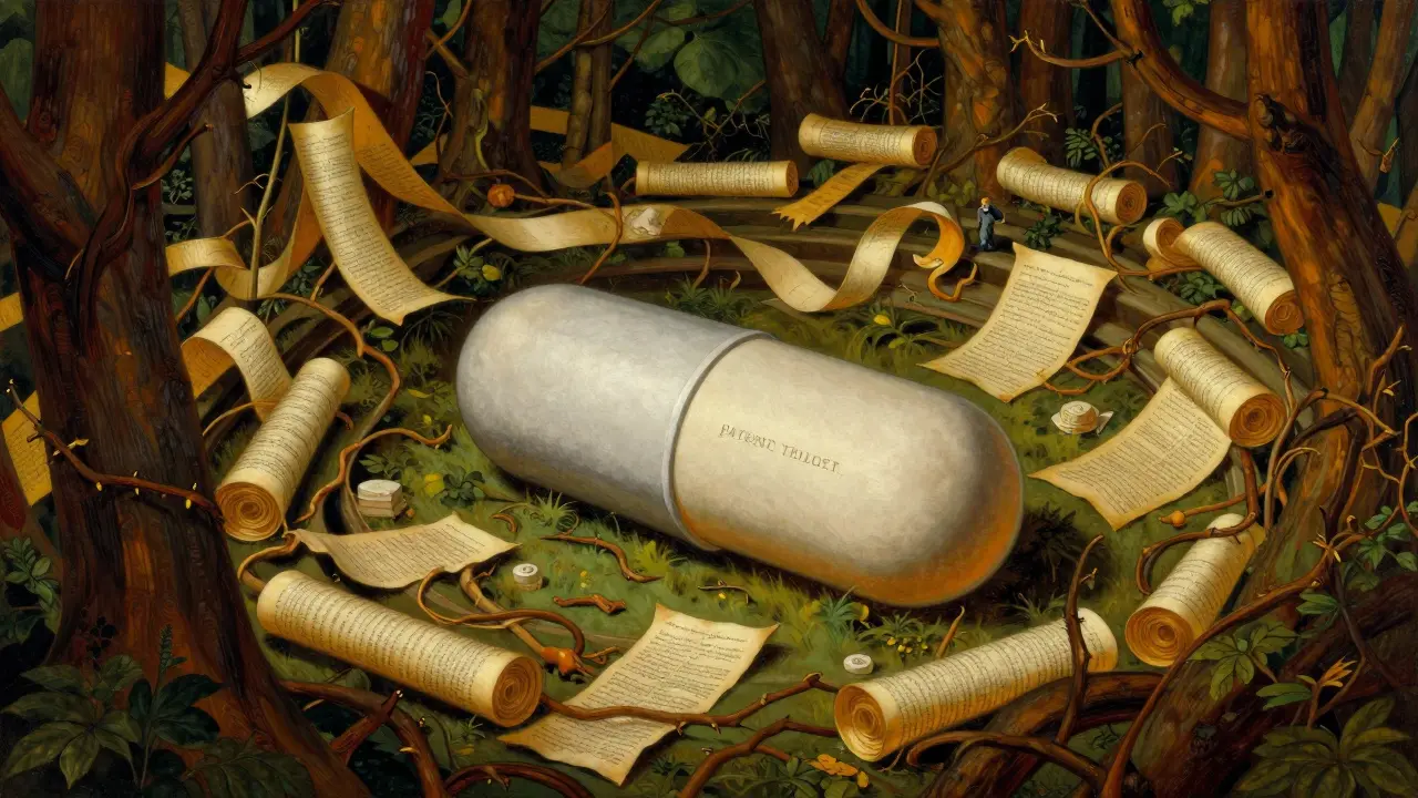 A medicine tablet trapped inside a dense maze of golden legal scrolls representing a patent thicket.