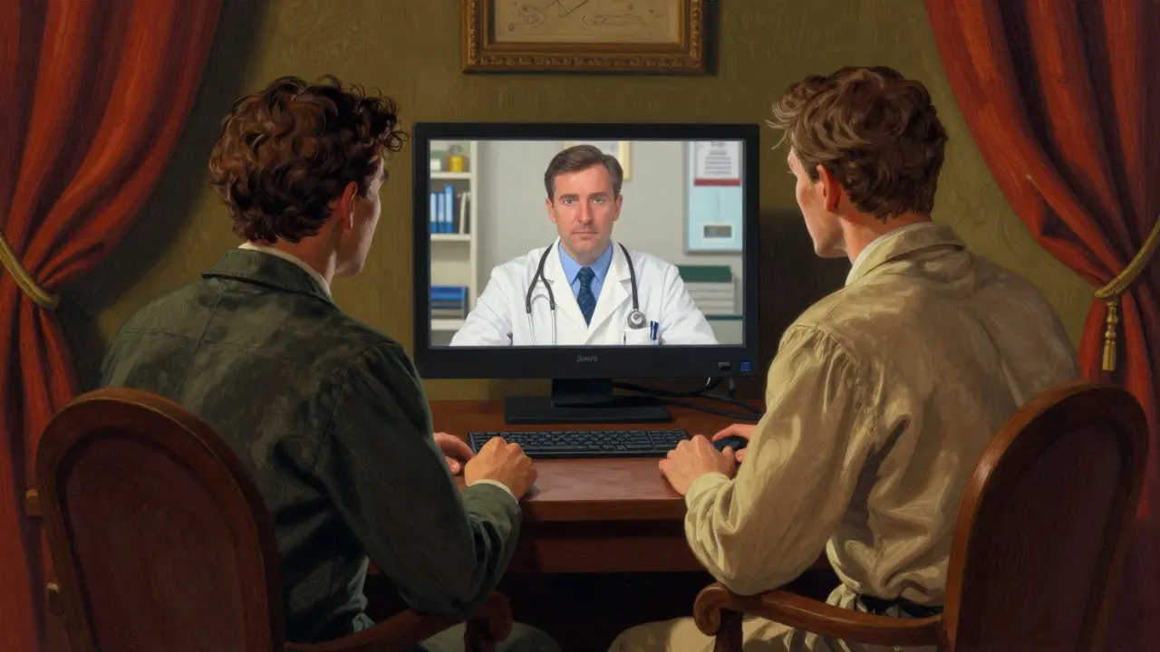 A patient having a telemedicine consultation with a doctor on a screen in a cozy room.