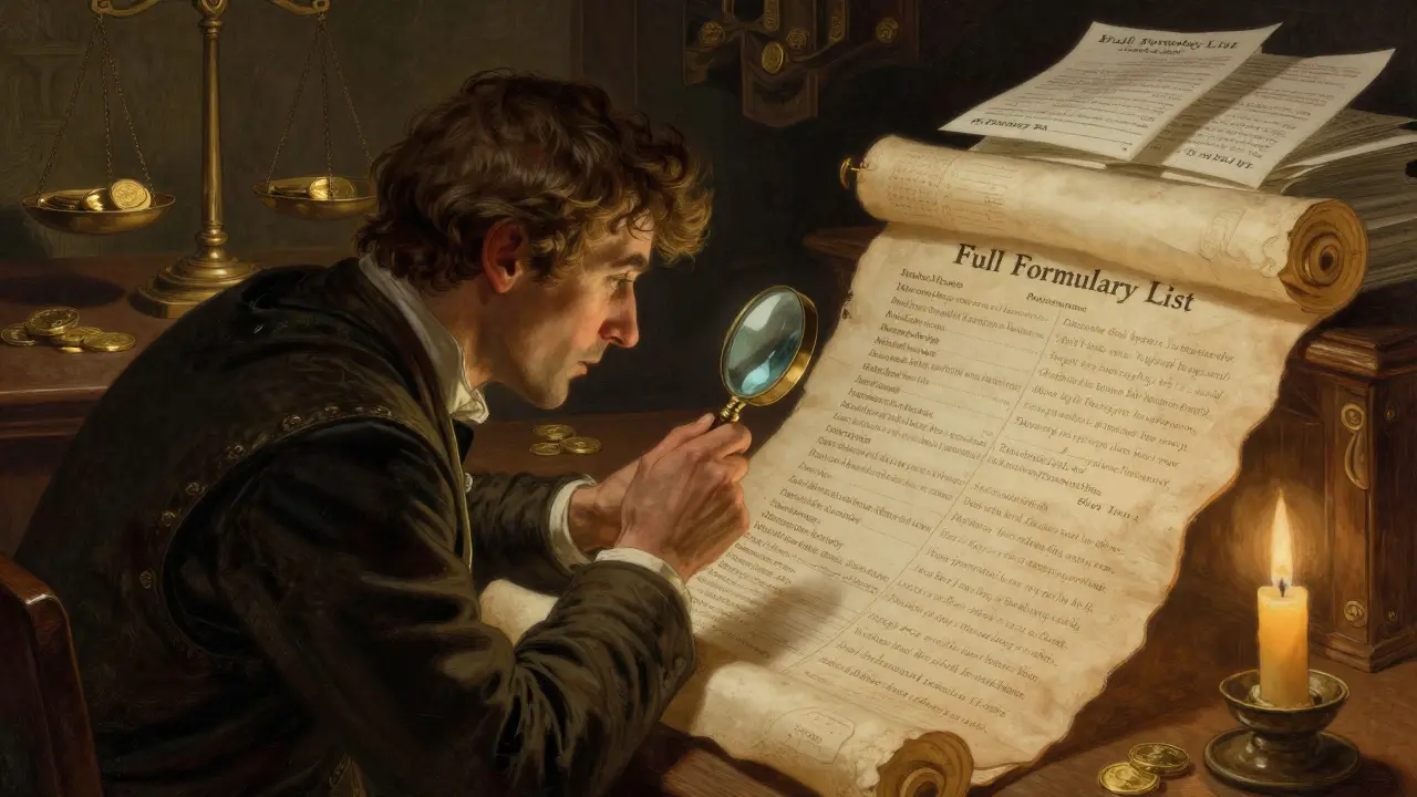A person using a magnifying glass to study a long insurance formulary scroll in a candlelit room.