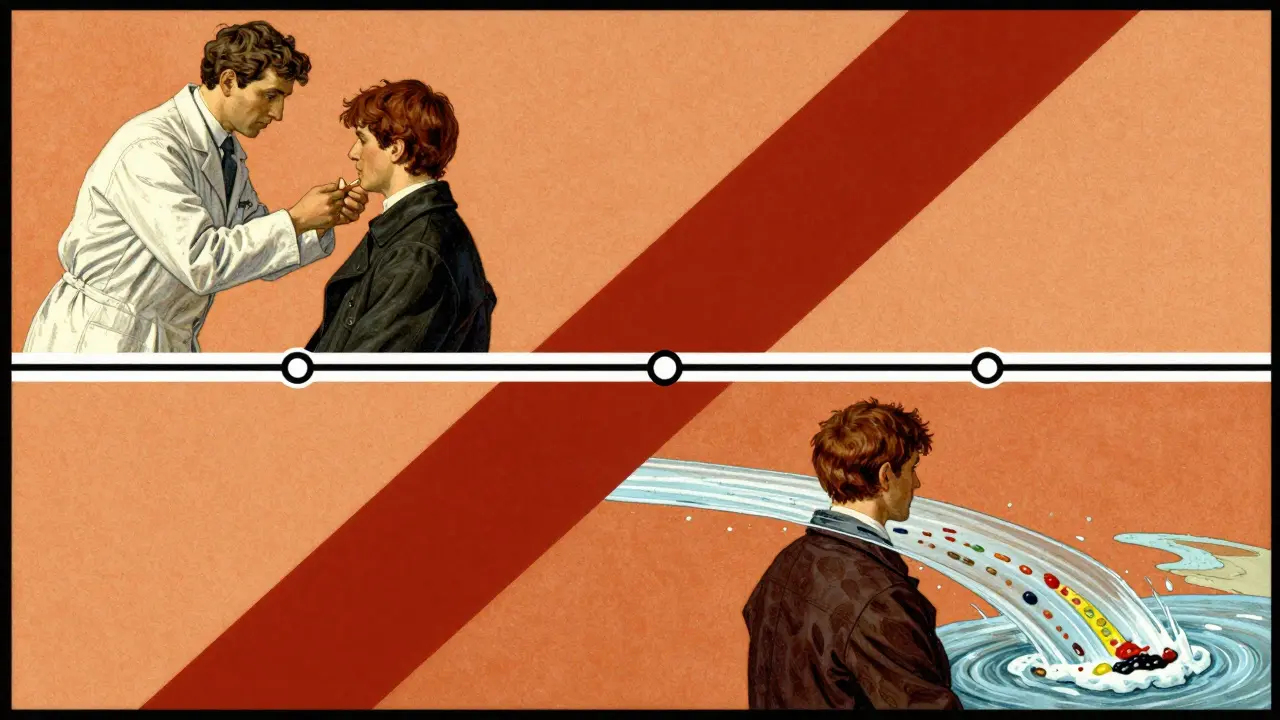 A two-part illustration showing a medical subject receiving doses separated by a cleansing water stream.