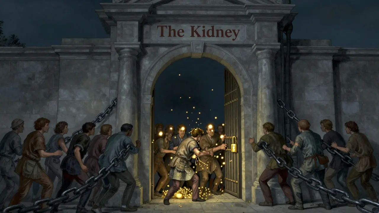 Allegorical illustration of iron chains blocking gold particles at a stone gateway.