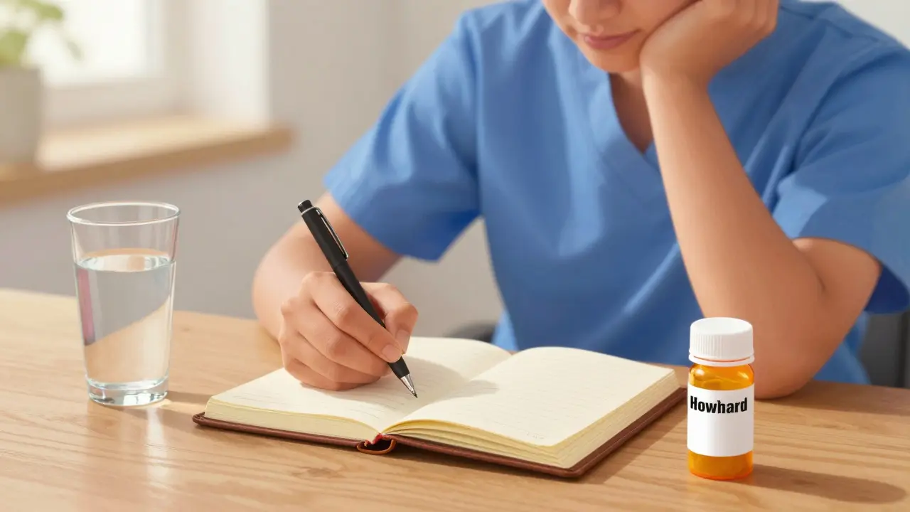 An alert person writing in a journal during a sunny morning