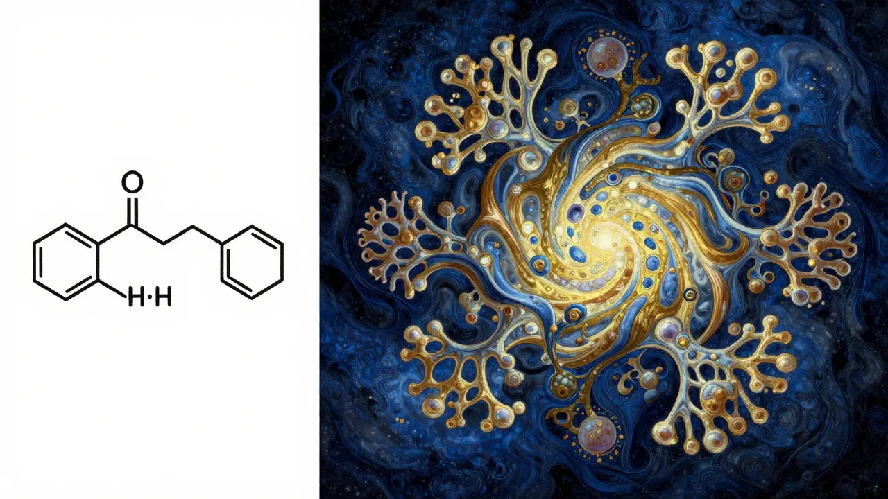 Comparison between a simple chemical structure and a complex, organic biologic molecule.