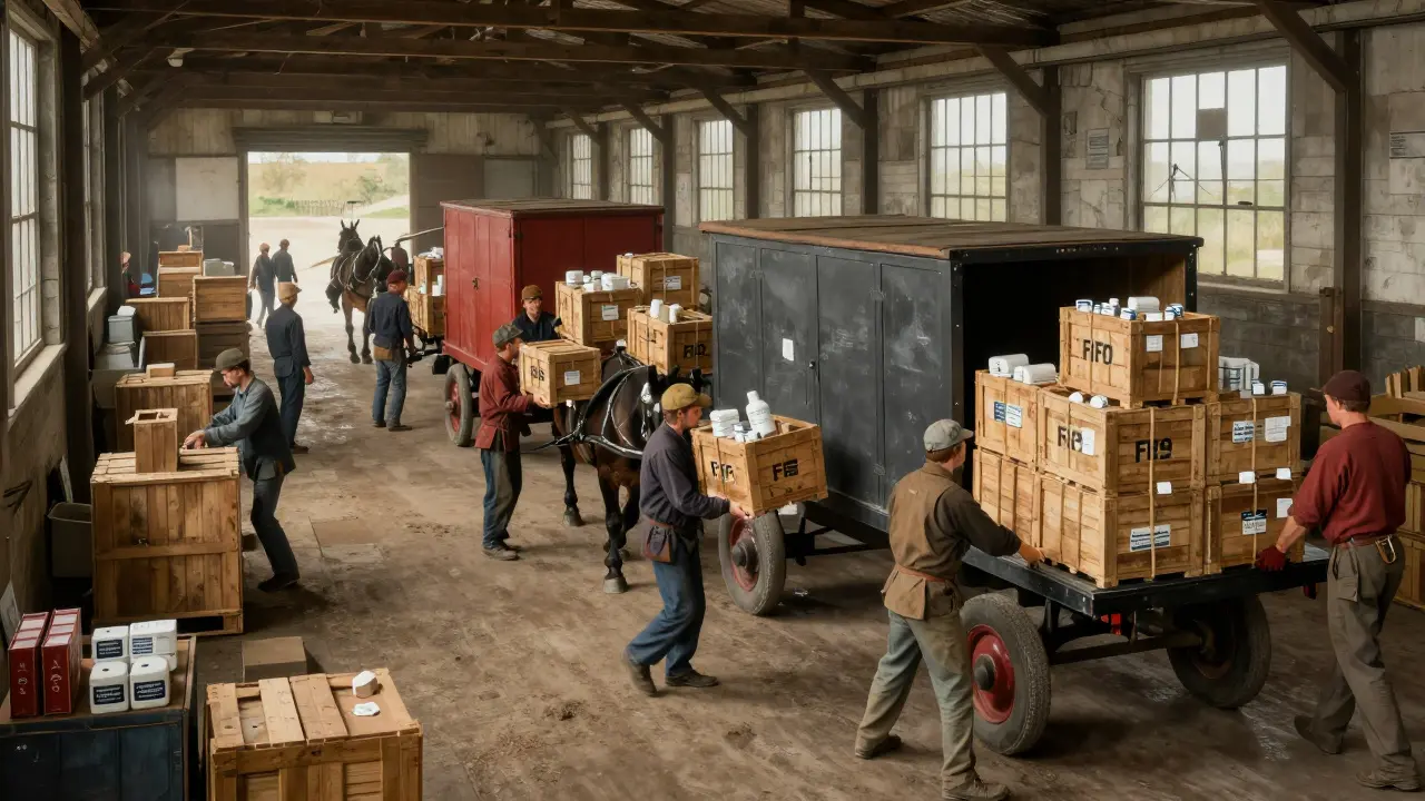 Warehouse workers moving medical supply crates directly from receiving to shipping.